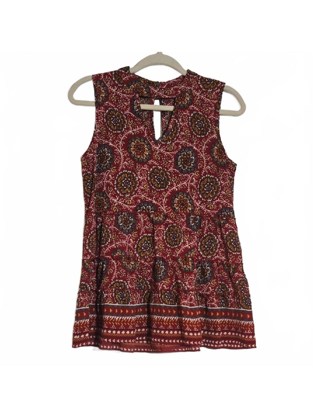 Charming Charlie Burgundy Red Floral Sleeveless Tiered Tunic Top Size Small